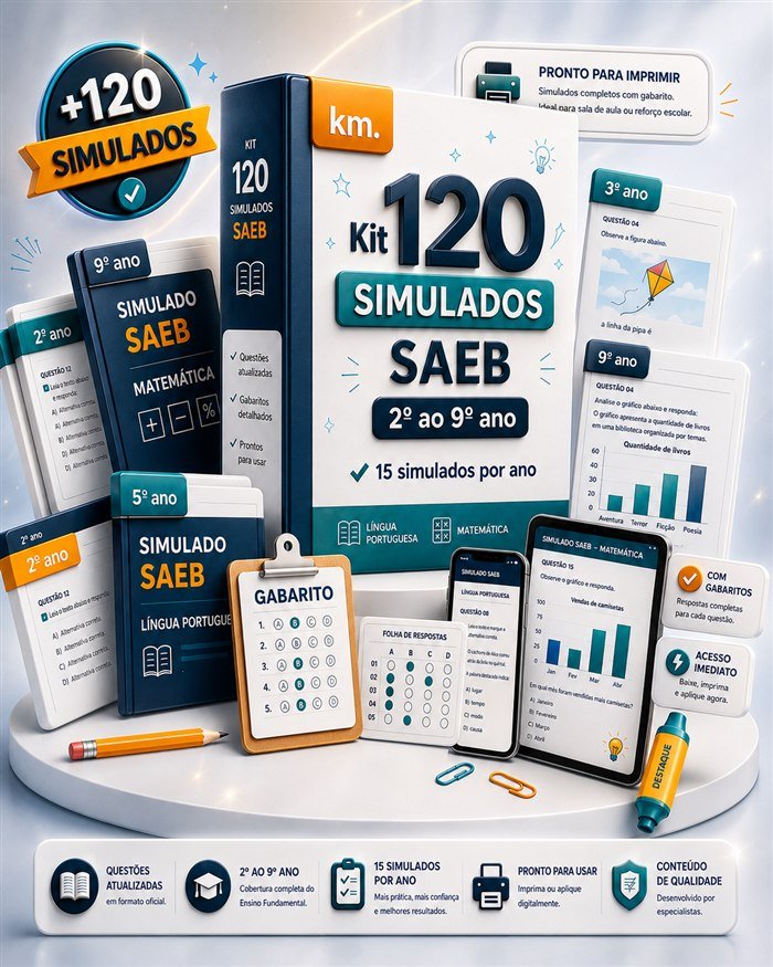 Kit 120 Simulados SAEB — 2º ao 9º ano, Língua Portuguesa e Matemática, com gabaritos e folhas de respostas
