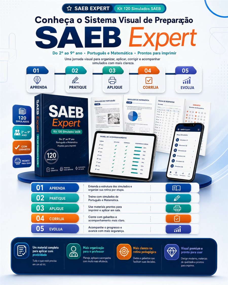 Sistema Visual de Preparação SAEB Expert — Kit 120 Simulados SAEB, do 2º ao 9º ano, Português e Matemática, prontos para imprimir. Jornada: Aprenda, Pratique, Aplique, Corrija, Evolua.